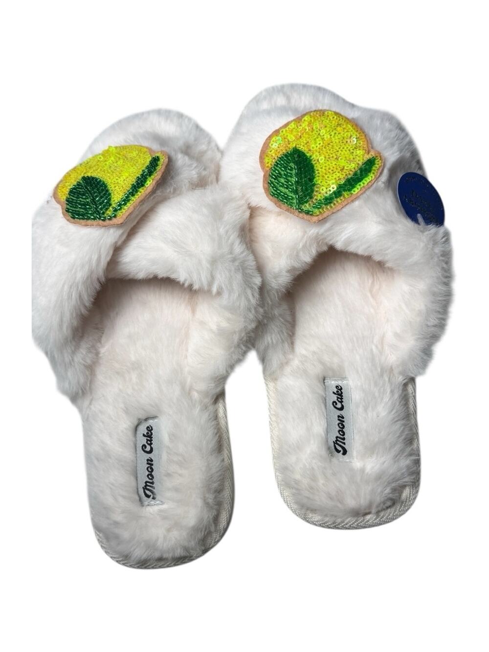 Moon Cake Women's White Fuzzy Slippers with Lemon Patch